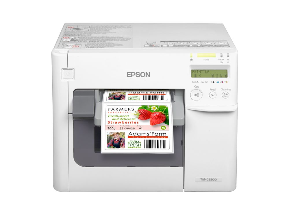 Farbetikettendrucker Epson ColorWorks C3500 mit Etikett frontal