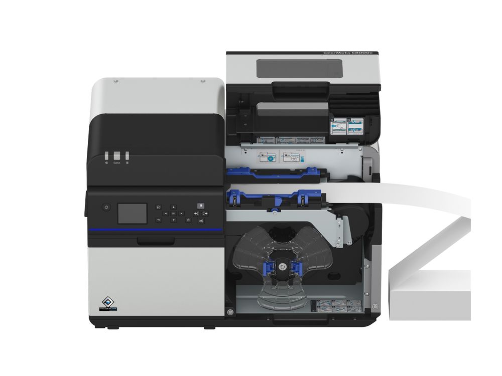 Farbetikettendrucker Epson ColorWorks C8000e Abdeckung offen mit Endlospapier