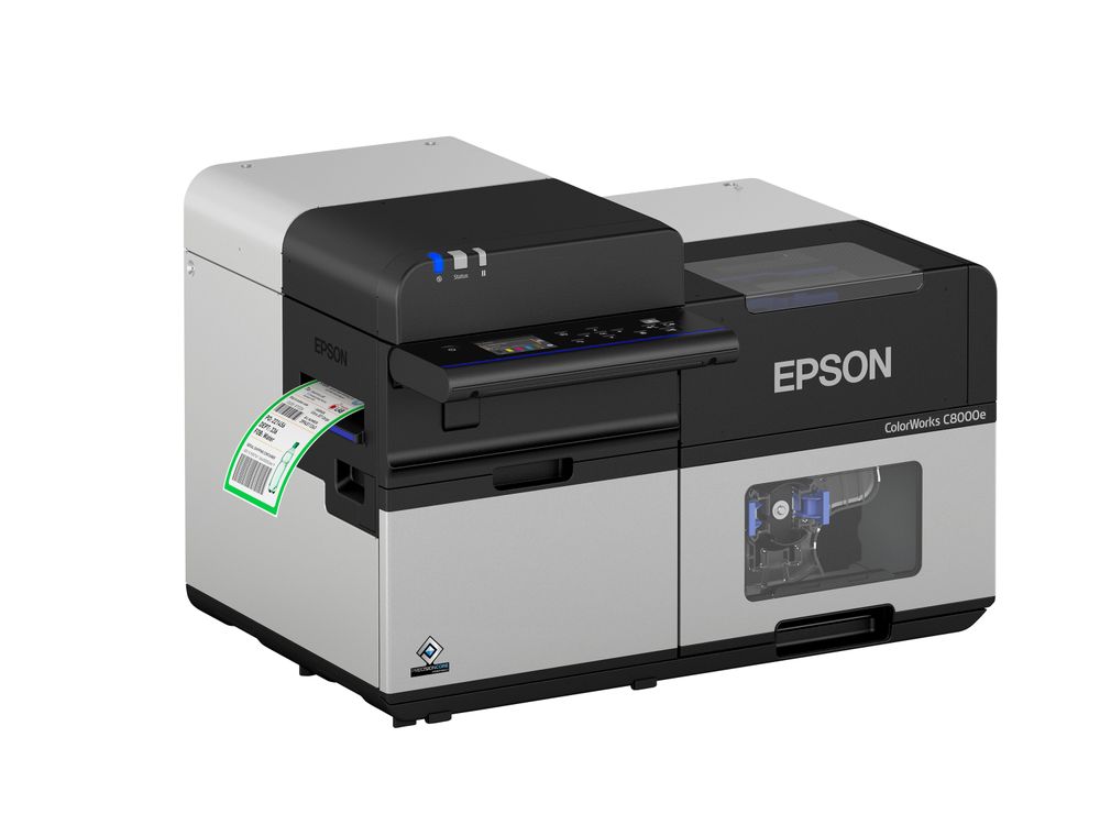 Farbetikettendrucker Epson ColorWorks C8000e mit Etikett links