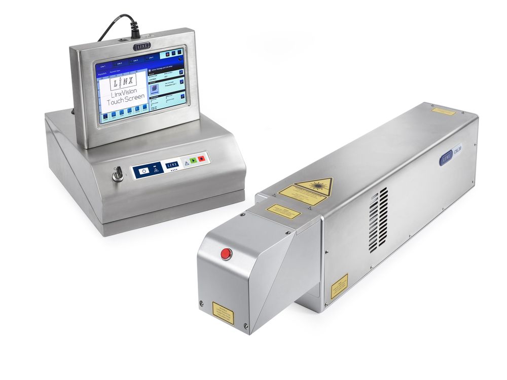 Linx CSL30 Laserbeschrifter mit Markiereinheit, Versorgungseinheit und Bedieneinheit mit Linx-Vision-Touchscreen