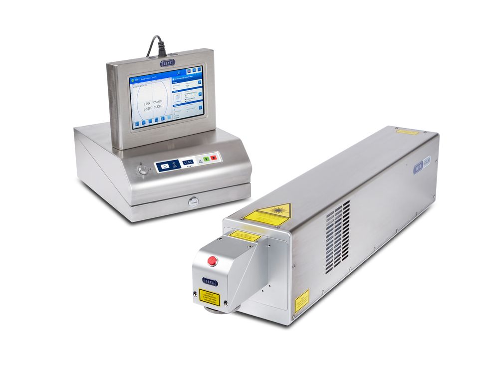 Linx CSL60 Laserbeschrifter mit Markiereinheit, Versorgungseinheit und Bedieneinheit mit Linx-Vision-Touchscreen