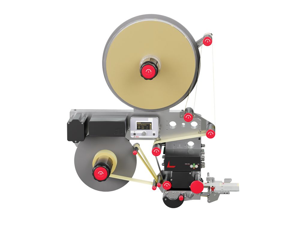 Etikettenspender Alpha HSM Vorderseite mit eingelegter Etikettenrolle