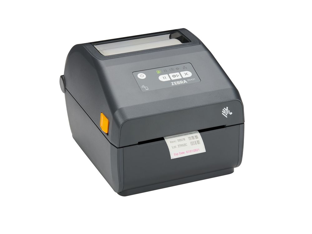 Zebra ZD421 Desktop-Drucker vorne rechts beim Regaletikettendruck