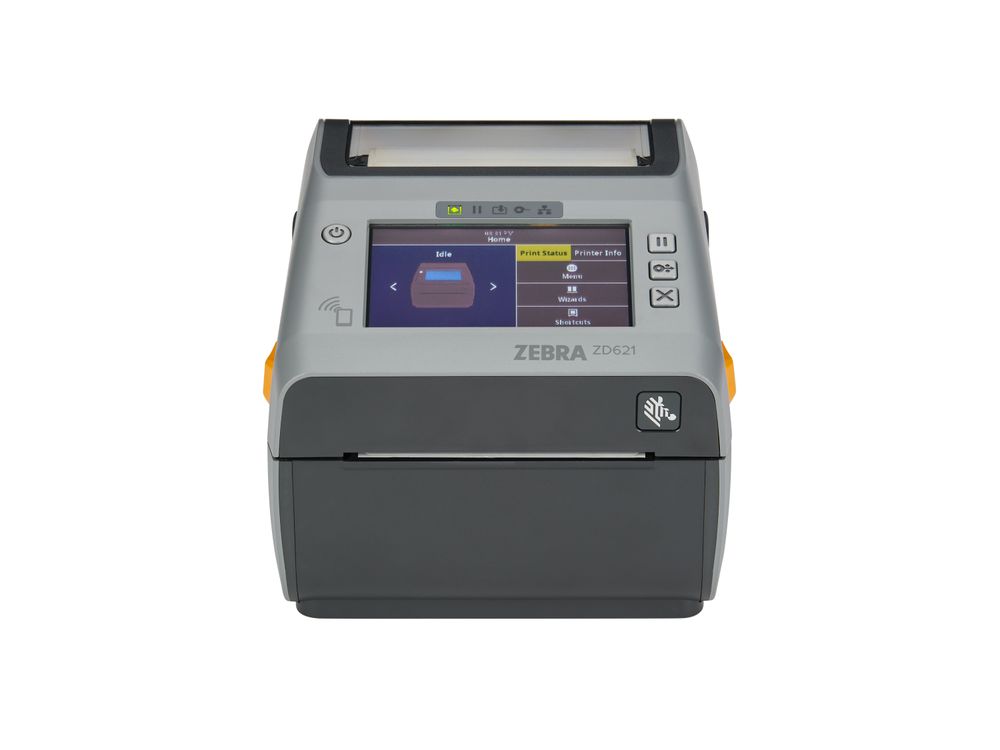 Zebra ZD621 Desktop-Drucker frontal mit Farbdisplay