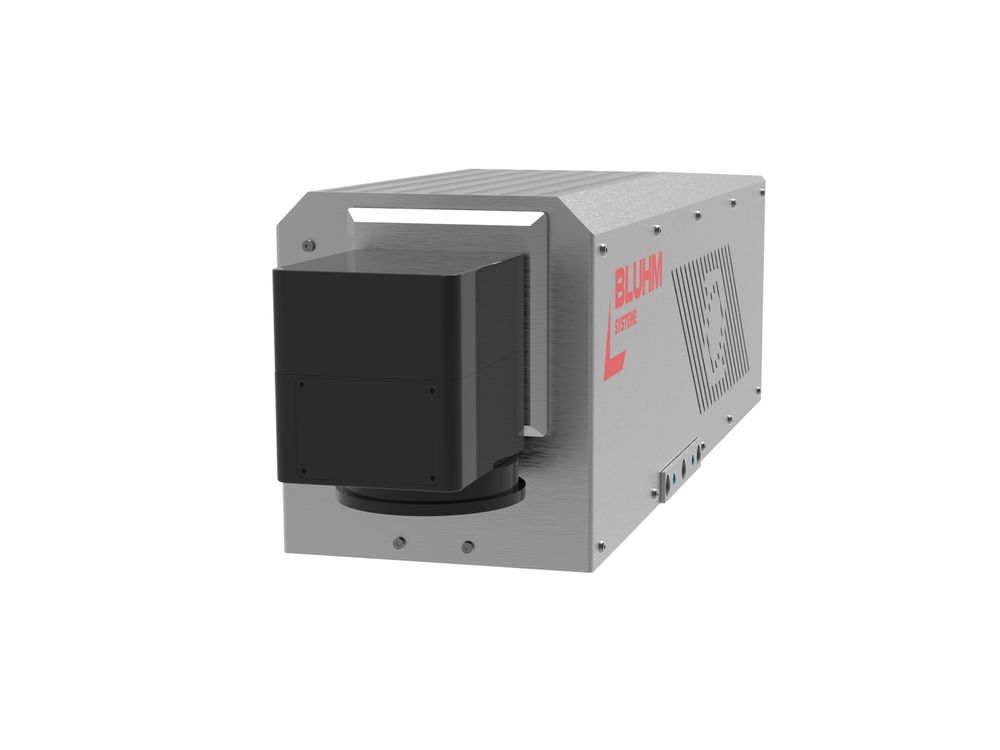 Bluhm Carbonline CO2 Laserbeschrifter Kopf schaut nach schräg rechts oben