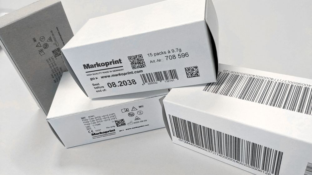 Mit Tintenstrahldrucker Markoprint X1JET LX Ultra bedruckte Faltschachteln aus Karton