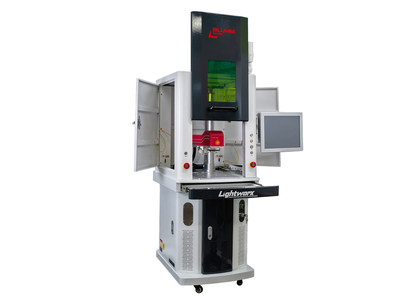 Lightworx Laser-Arbeitsstation vorne und seitlich geöffnet