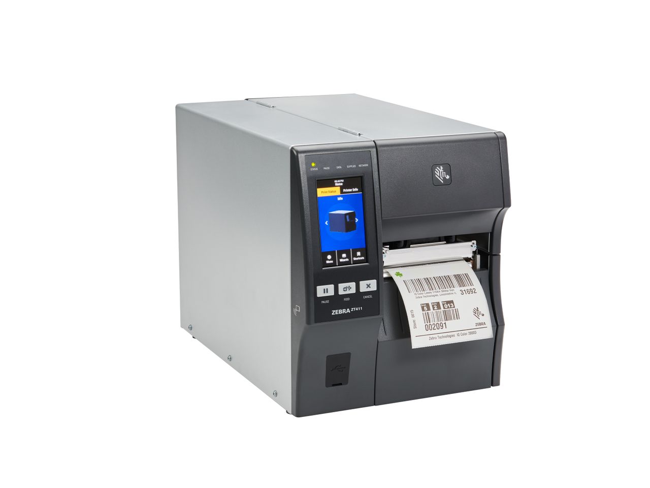 Zebra ZT411 label printer front right with label