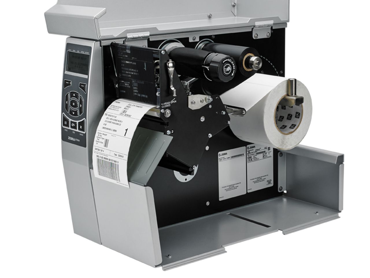 Zebra ZT510 label printer opened with inserted thermal transfer foil