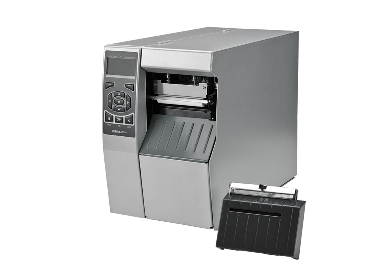 Zebra ZT510 label printer front left with cutter