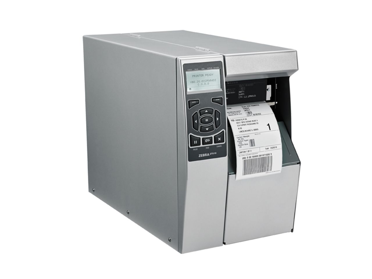 Zebra ZT510 label printer from front right with label