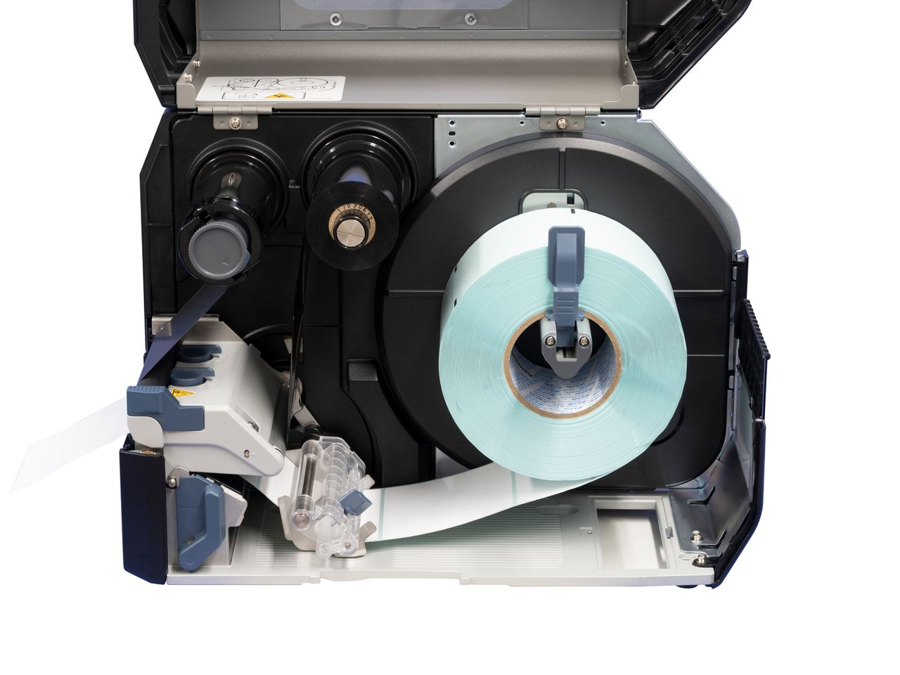 Sato CL4NX Plus label printer open with label roll inserted