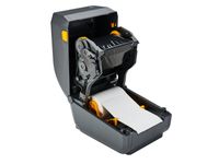 Zebra ZD230t Drucker geöffnet mit eingelegtem Farbband und Etikettenrolle