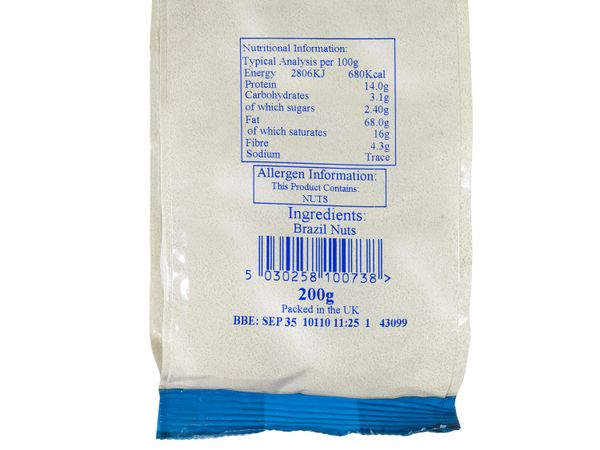 Linx TT blauer Direktdruck mit Zutatenliste auf Folienverpackung