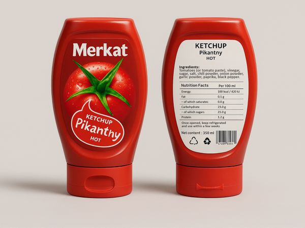 Etikettieranlage Geset 214 Etiketten zweiseitig auf Ketchupflasche aus Kunststoff