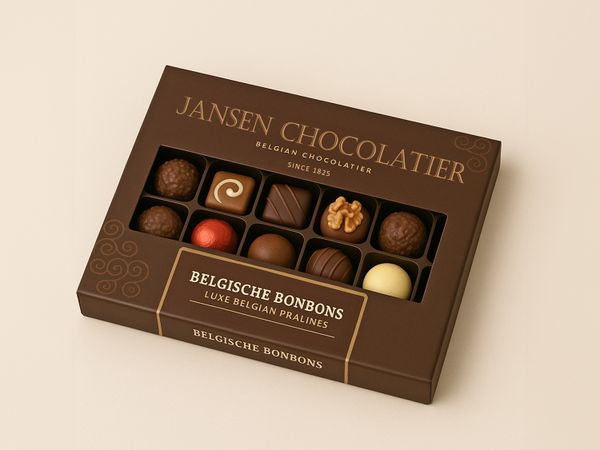 Etikettieranlage Geset 218 C-Wrap Etikett auf Pralinenschachtel