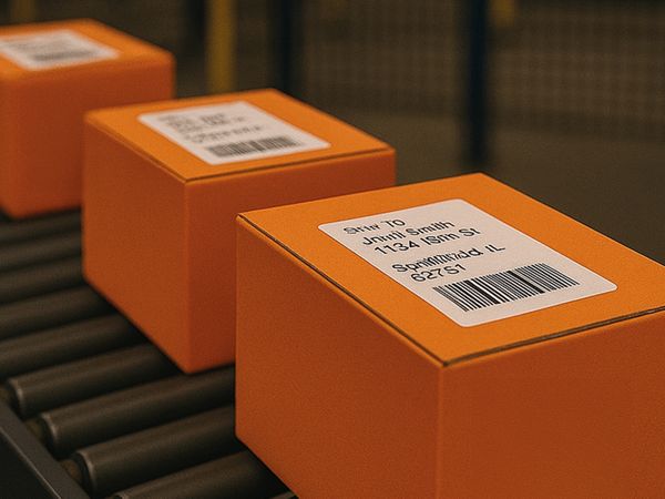 Adressetikett auf orangefarbenen Kartons