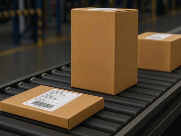 Unterschiedlich hohe Kartons mit Versandetiketten
