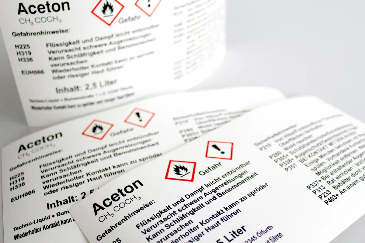 Labels with hazard symbols for chemical products